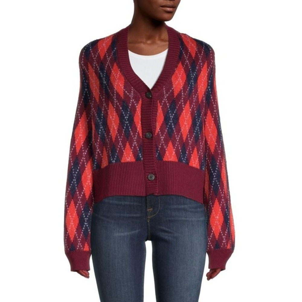 Staud‎ NWT Knave Bordeaux Argyle Cardigan Sweater Size XS